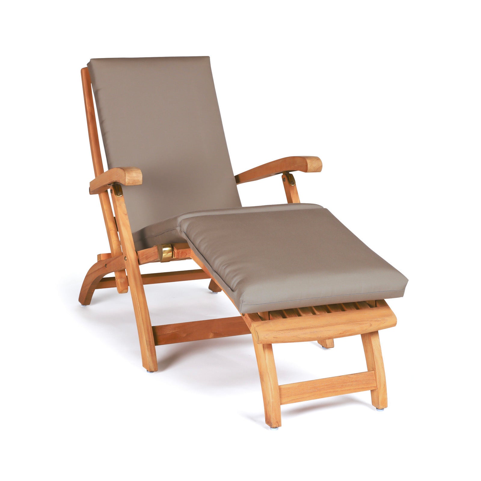 A wooden reclining chair with padded taupe cushions sits on a plain white background, featuring armrests and a footrest, ideal for relaxation or lounging.