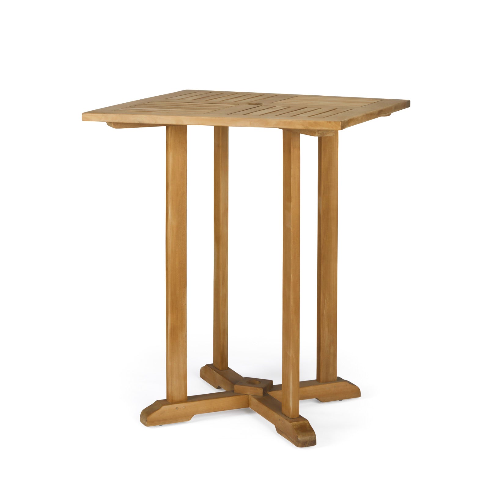 A wooden, square, high table with four supporting legs and a cross-shaped base rests in a plain, neutral indoor setting.