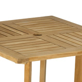 Square teak outdoor bar table with slatted top