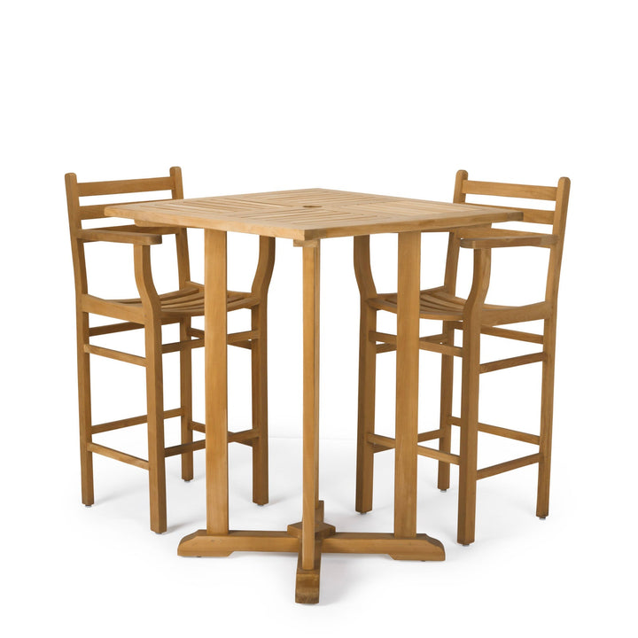 A wooden high table with three matching high chairs surrounding it. The table features a square top and four sturdy legs, set against a plain white background.