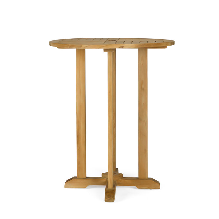 A round, wooden table with slatted surface and four vertical legs, standing upright. The simple design is set in a well-lit, plain, white background.