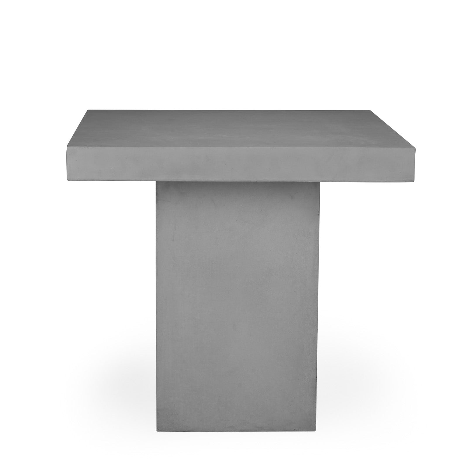 A gray, rectangular table is standing on a single, solid pedestal base. The background is plain white, emphasizing the table's minimalist, modern design.