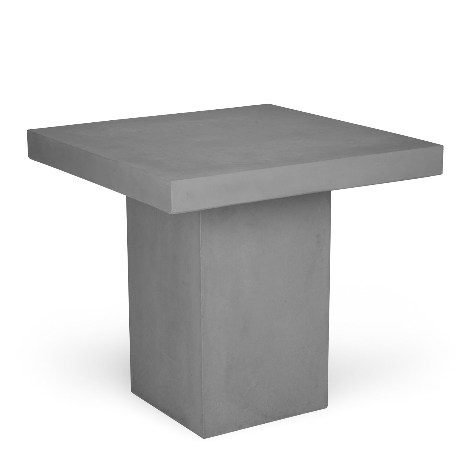 Square concrete table standing on a thick, central pedestal base, set against a plain white background.