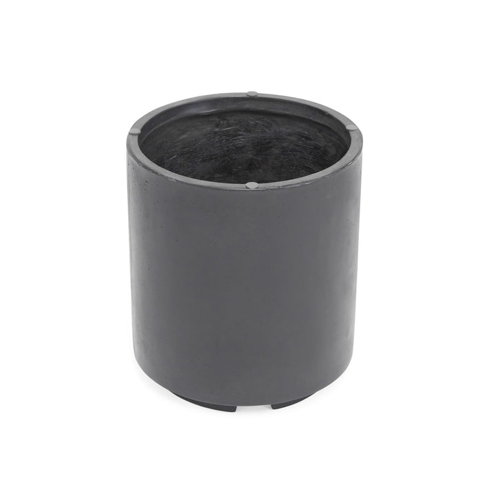 A black cylindrical planter, not in use, stands on a white background. It has a smooth surface and a recessed top edge.