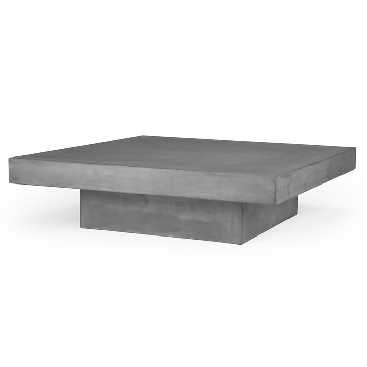 A solid, square, gray concrete coffee table with a thick top resting on a sturdy rectangular base, situated against a plain white background.