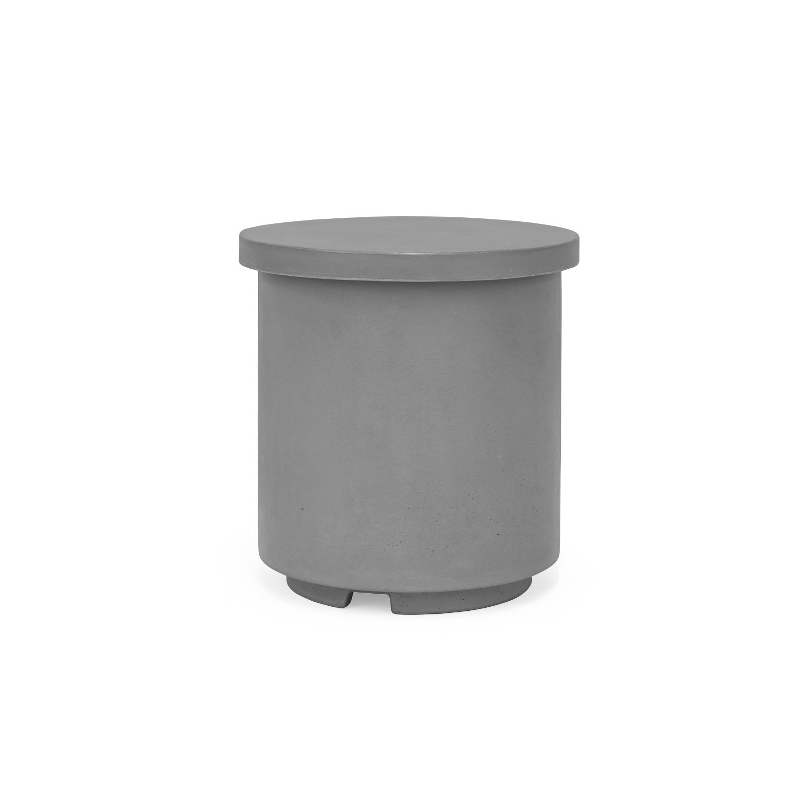 A round, gray concrete stool rests on a white background, featuring a smooth top and cylindrical body.