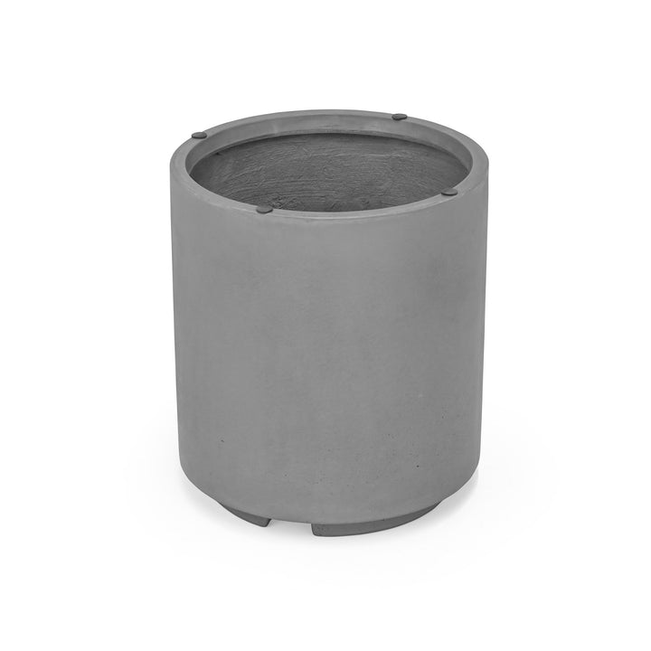 A gray, cylindrical concrete planter sits upright on a white background, featuring a smooth texture with subtle variations.