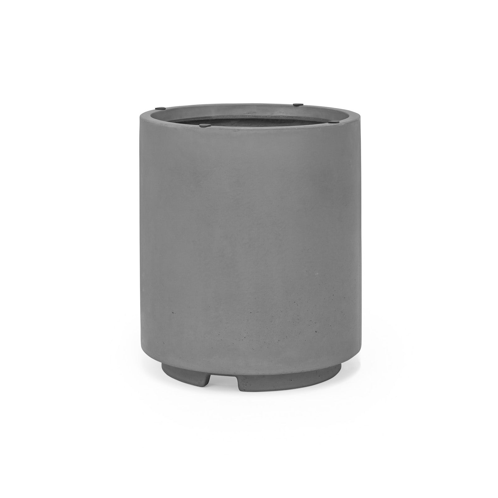 A gray, cylindrical concrete planter stands alone on a white background. It features a smooth surface with a small lip at the top and short legs at the base.