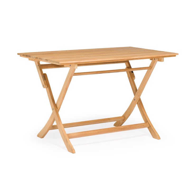 A wooden folding table stands idle on a plain white background, featuring crossed legs and a rectangular slatted top, designed for portability and outdoor use.