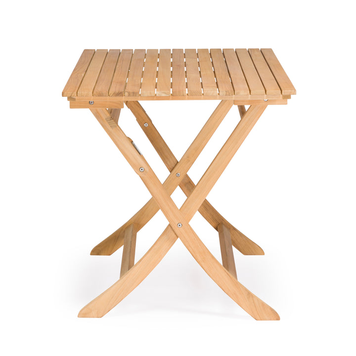 Wooden folding table with slatted top and crossed legs, standing on a plain white background.