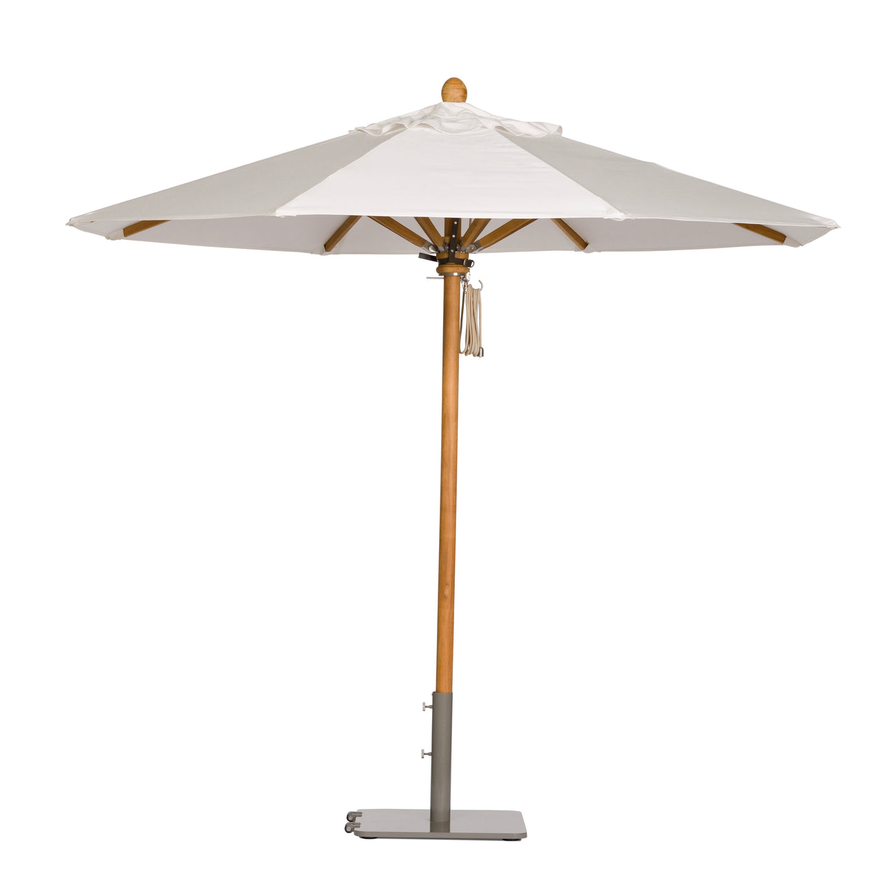 A large, open beige patio umbrella with a wooden pole stands on a gray metal base. The background is plain white.