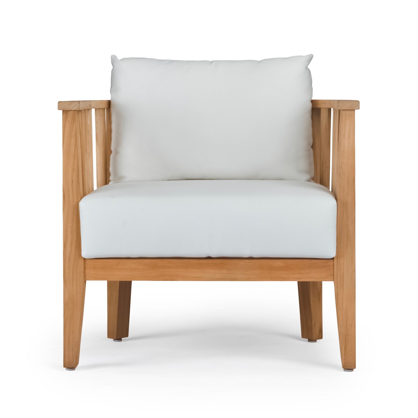 A chair with a light wooden frame and white cushions is placed against a plain white background.