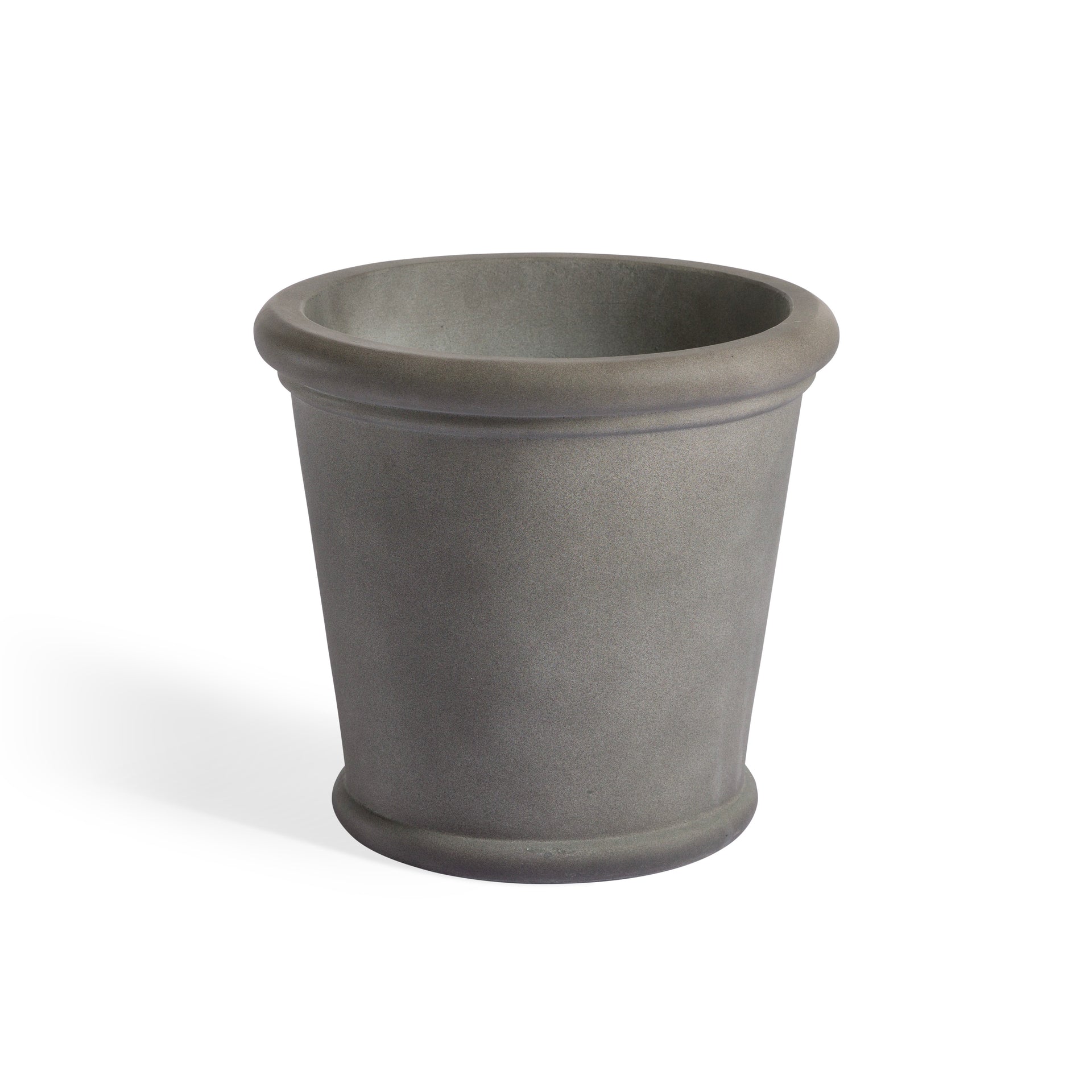 A large, round, gray planter is standing upright, showcasing its simple, smooth surface and rimmed top, placed on a plain white background.