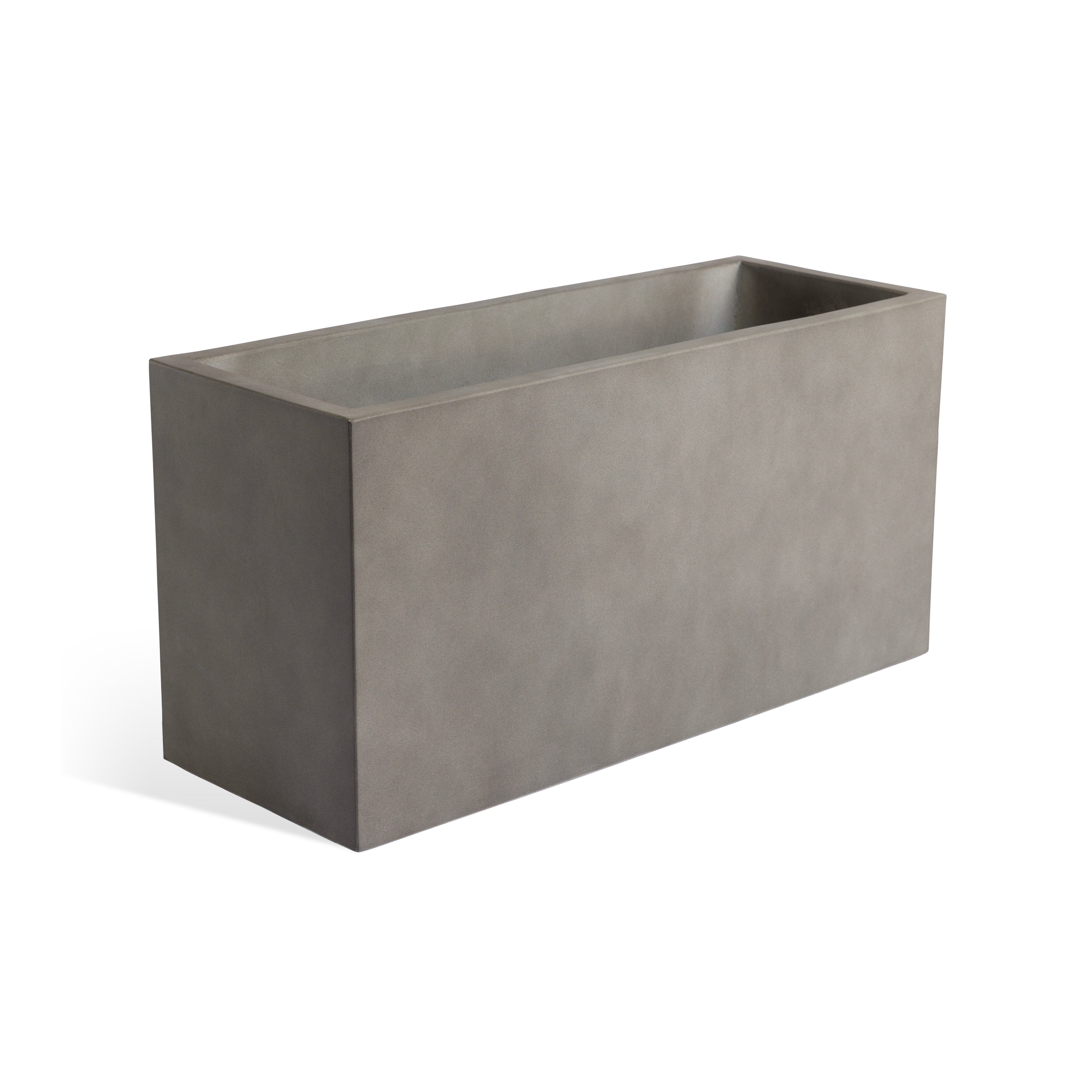 A rectangular, concrete planter with a smooth, matte surface is standing upright. It has an open top and hollow interior, set against a plain white background.