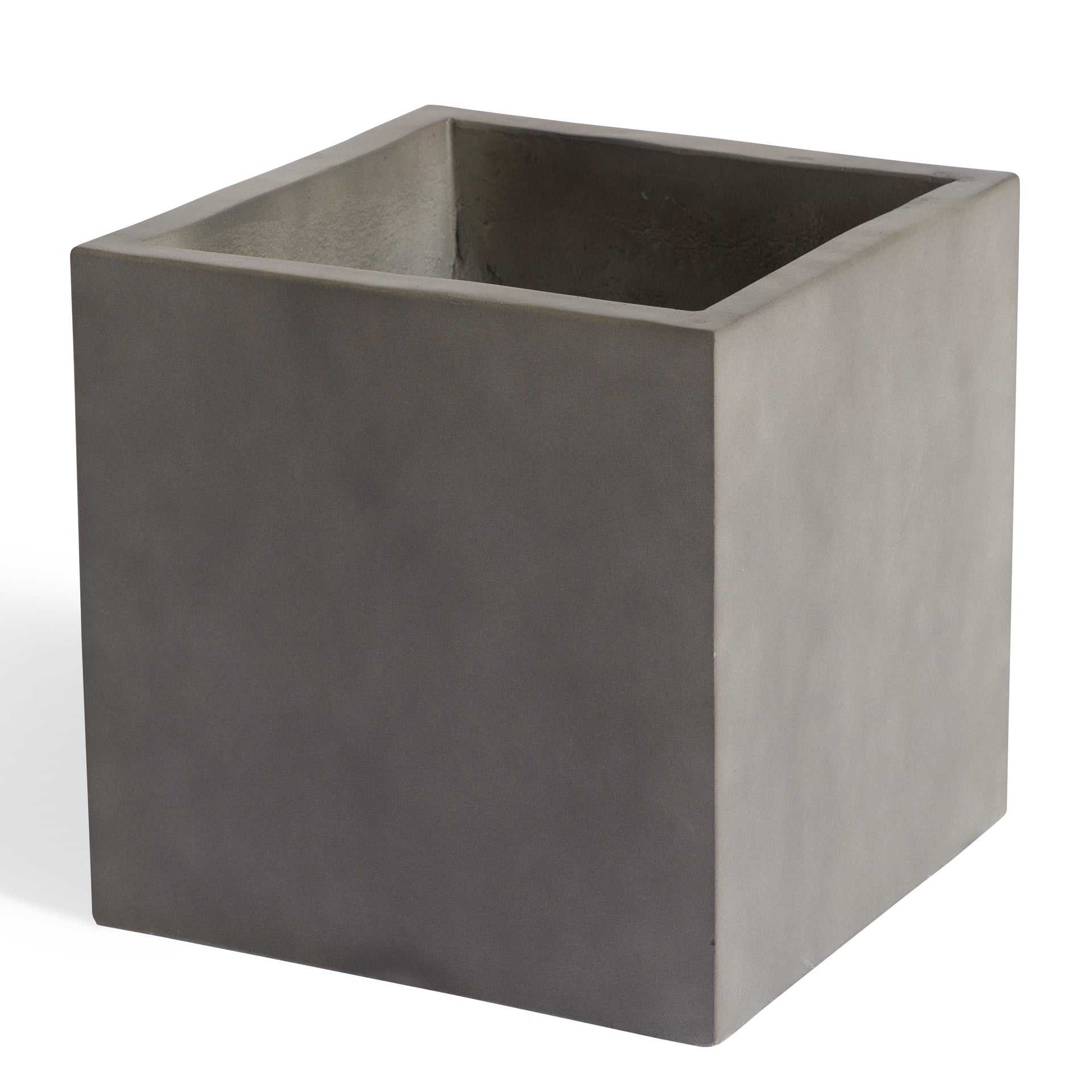 A gray, square concrete planter sits on a plain white background. The planter is empty and has smooth, clean edges, highlighting its minimalist design.