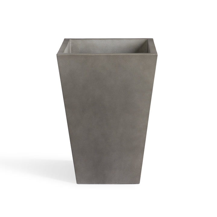 Concrete planter stands upright, featuring a tall, square, tapered design. It appears empty against a plain white background, highlighting its smooth, gray surface and geometric shape.