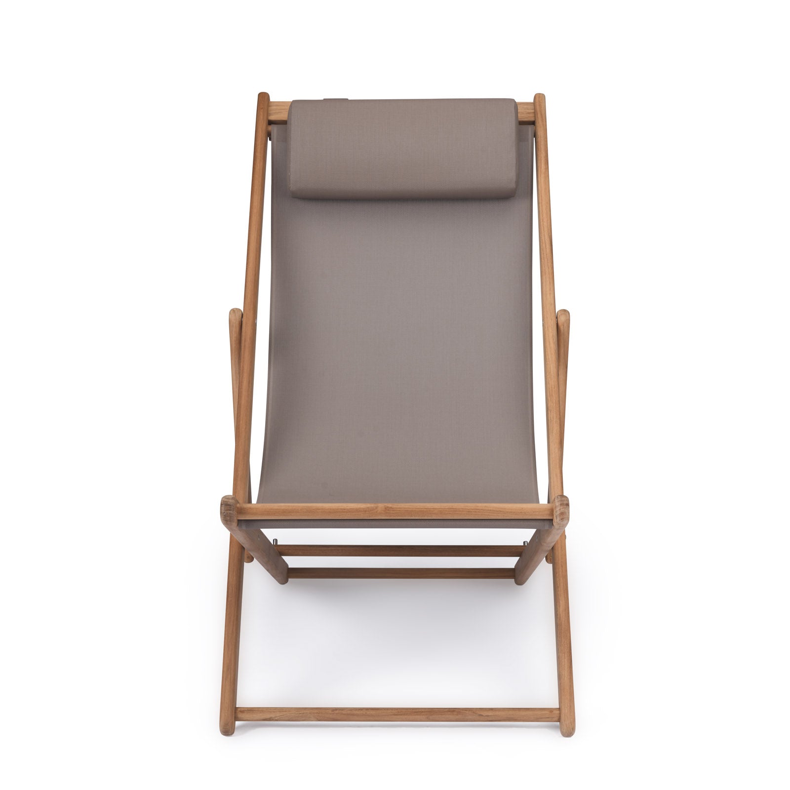 A folding deck chair is positioned upright, featuring a light brown fabric seat and headrest. The frame is made of light wood, set against a plain white background.