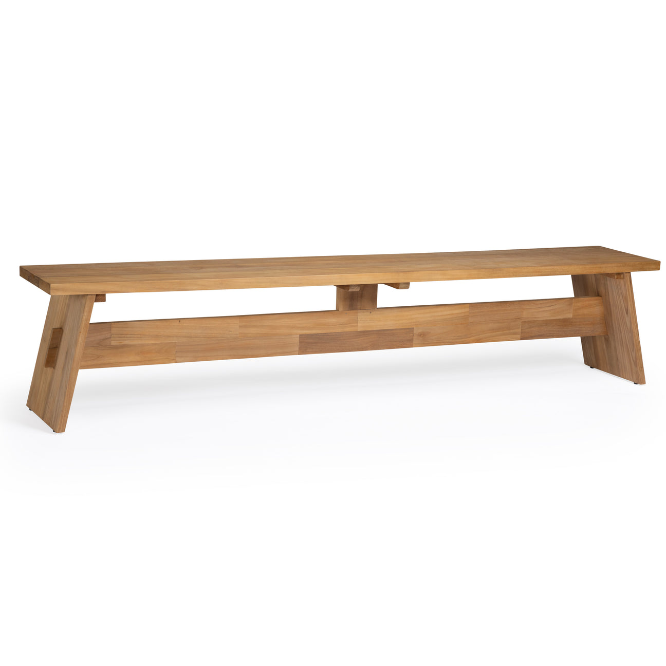 A long wooden bench rests on a flat surface, featuring a minimalist design with angled legs. It appears to be set in a well-lit studio environment.