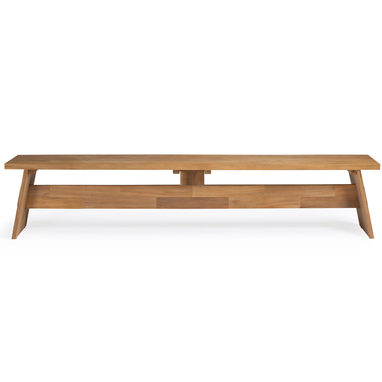 Wooden bench stands on angled legs, featuring a sleek, long design with clean lines; the setting is plain, emphasizing the bench's natural finish.