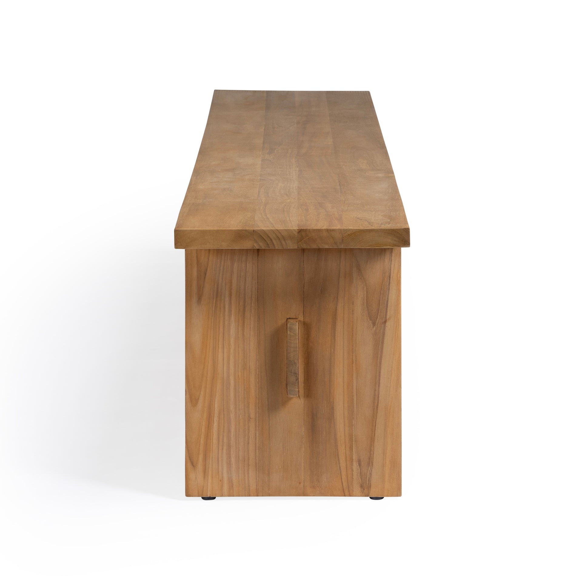 A wooden bench is positioned with a side view, showcasing its smooth surface and simple, rectangular legs. It sits against a plain white background, emphasizing its natural wood grain.