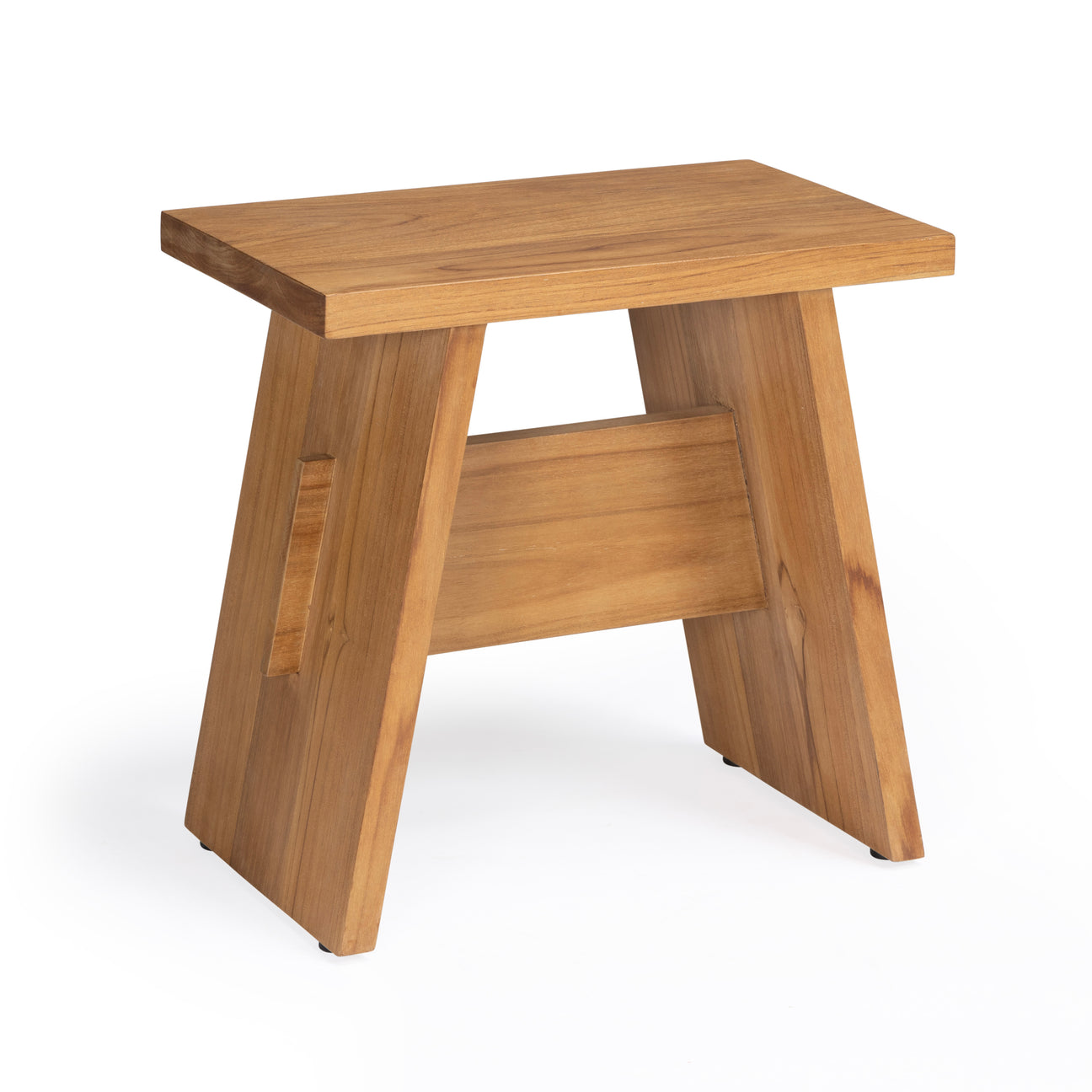 A wooden stool with a flat rectangular top and angled legs stands on a plain white surface, displaying a minimalist design and natural wood grain.