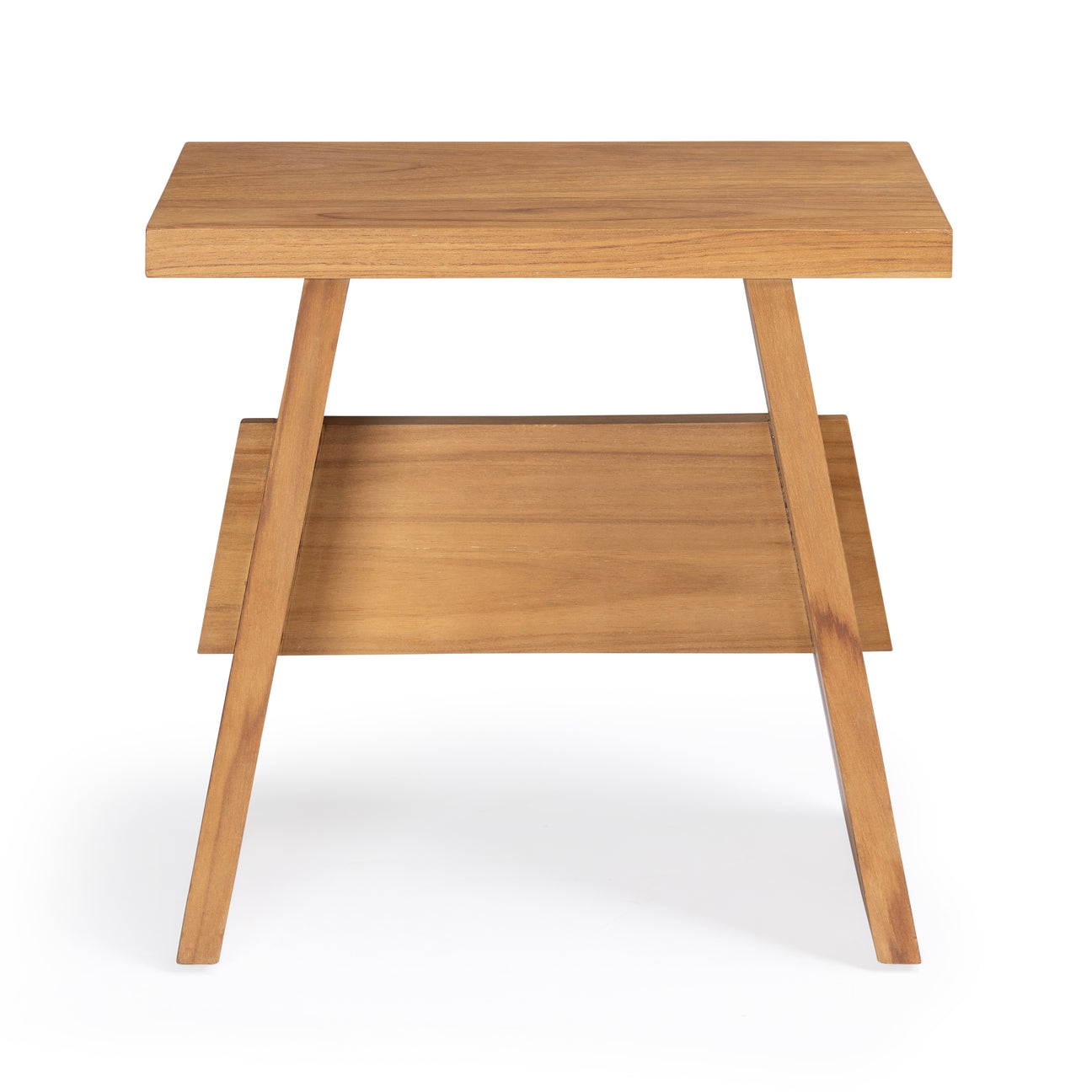 A wooden side table stands with an angled lower shelf and four slightly slanted legs, placed against a plain white background.