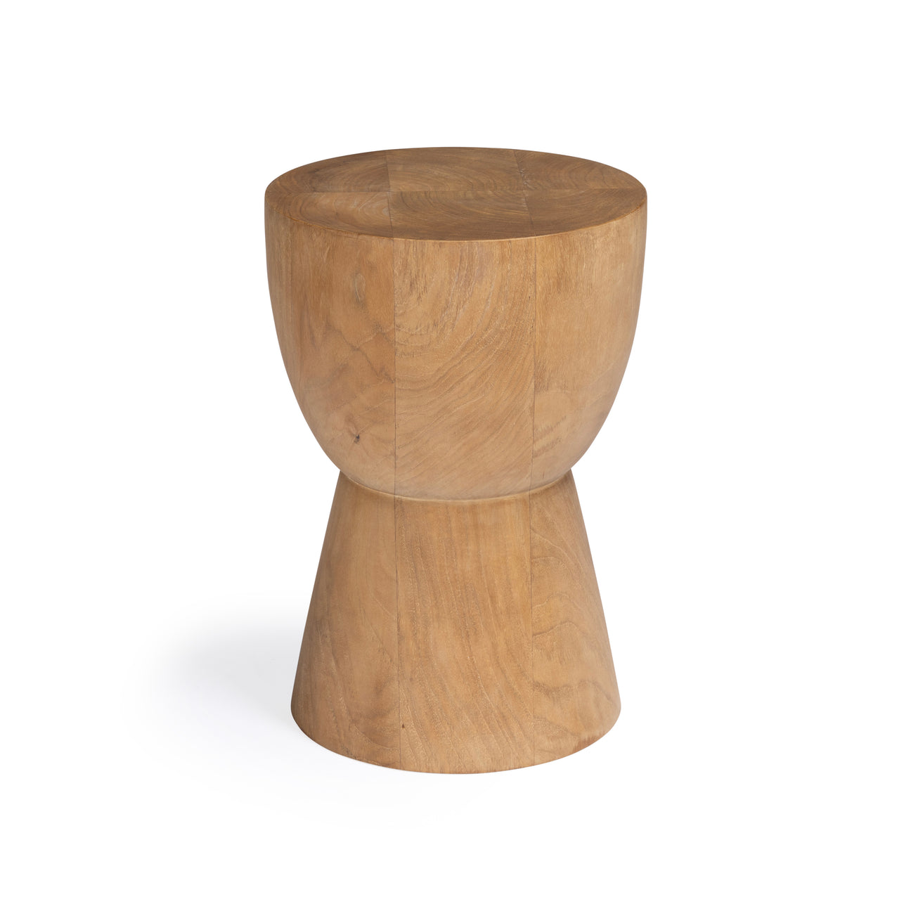 A wooden stool with a round top and hourglass shape stands against a plain white background.