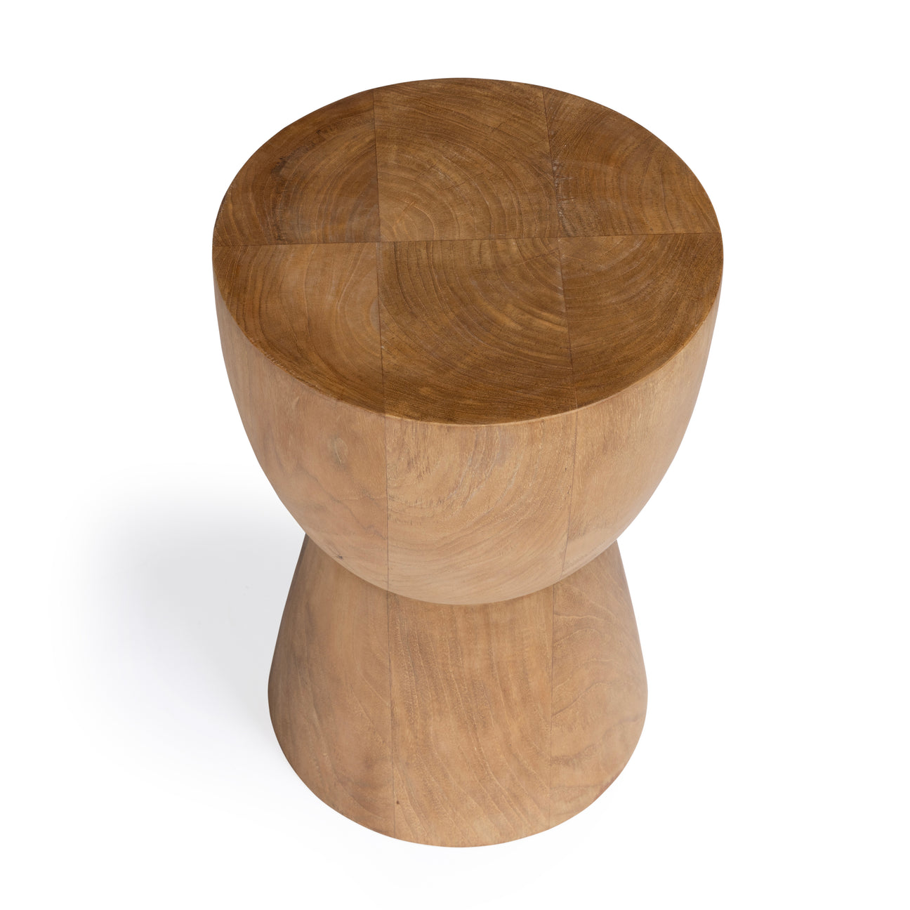 Wooden stool with a smooth, rounded top and a slightly tapered base, resting on a flat surface in a minimalist setting.