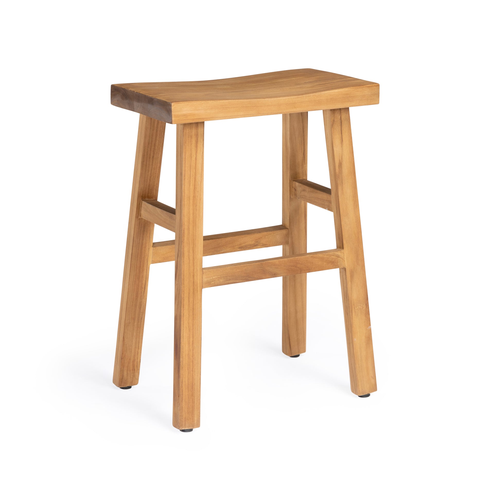 A wooden stool stands upright on four legs, featuring a curved seat and crossbars for stability, set against a plain white background.