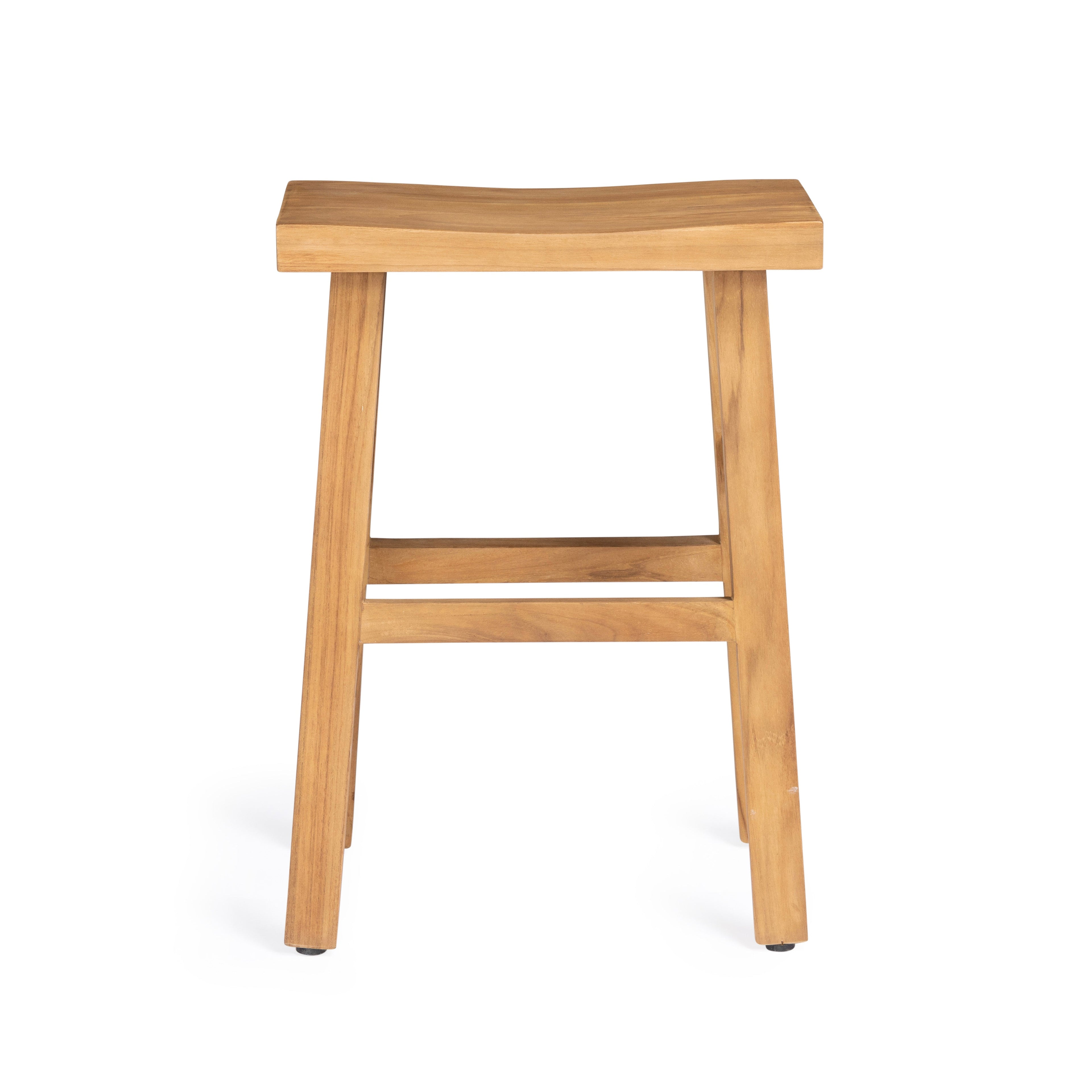 A wooden stool with a flat, rectangular seat stands on four legs. It's placed against a plain white background, highlighting its simple, functional design.