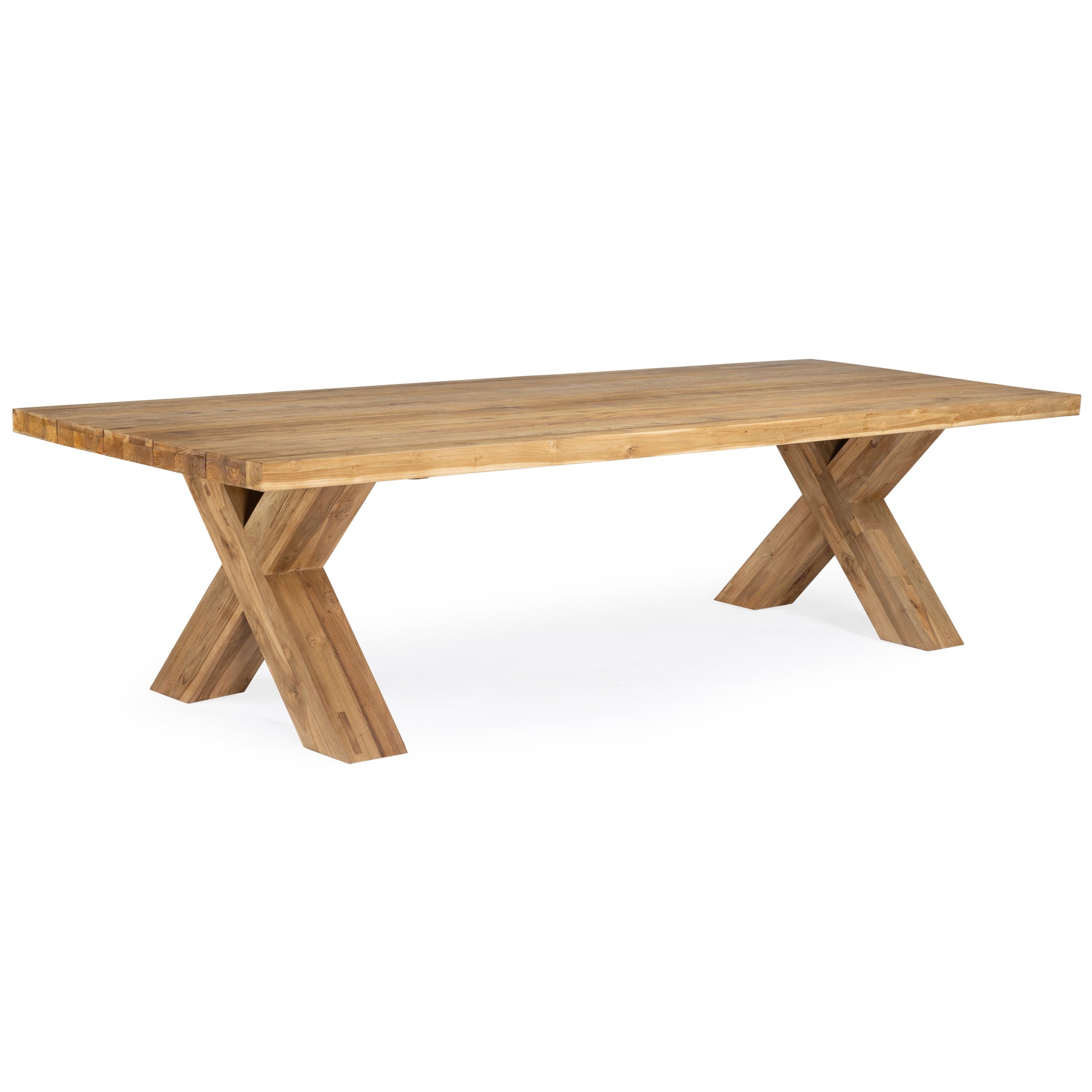 A wooden table with a rectangular top and crossed legs sits on a plain white background, highlighting its natural wood grain and sturdy construction.