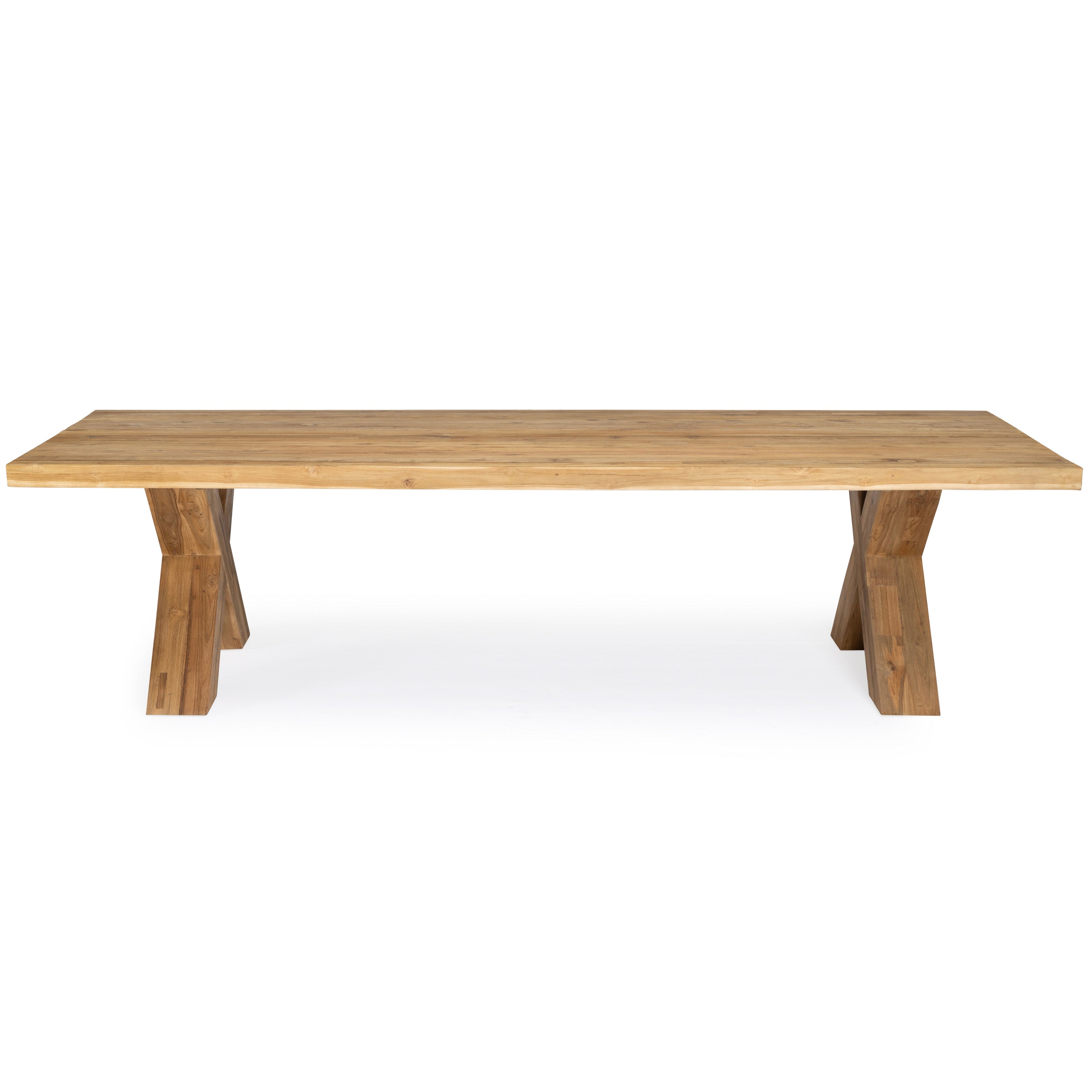 A wooden dining table with a rectangular top sits on two X-shaped legs, displayed against a plain white background, showcasing its natural finish.