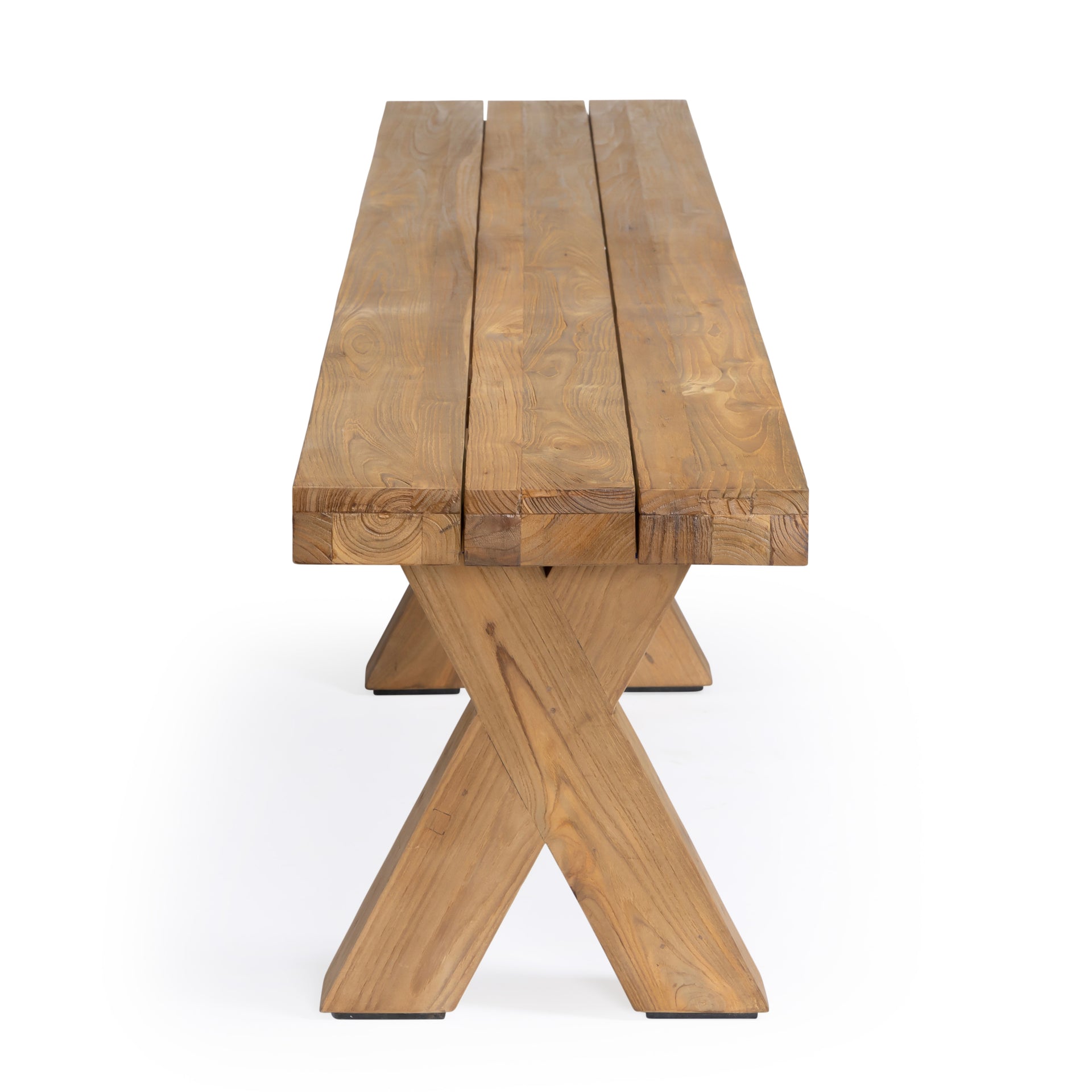 Reclaimed teak outdoor backless bench with X legs