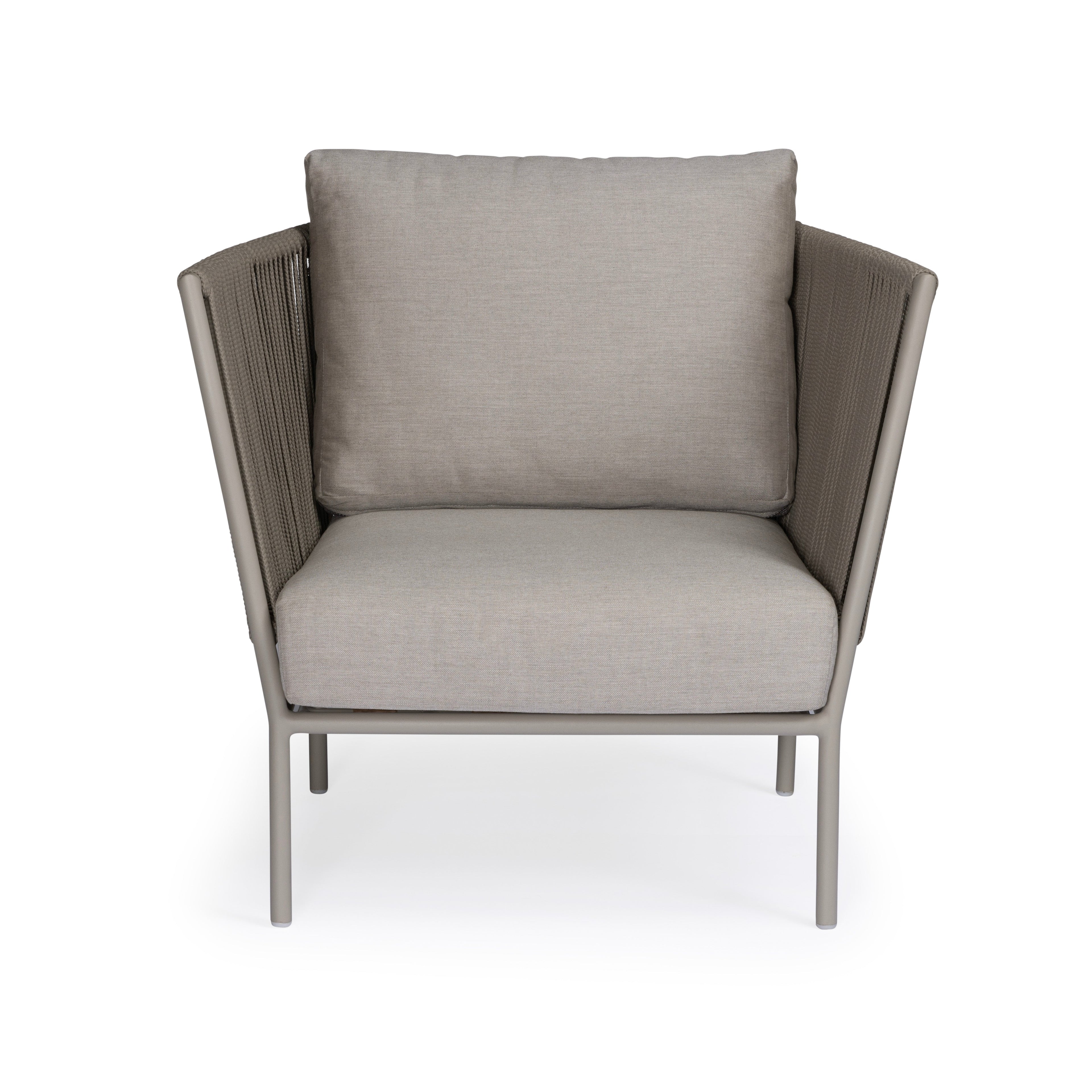 Gray cushioned armchair sits stationary against a plain white background, featuring a sturdy metal frame and woven side panels.