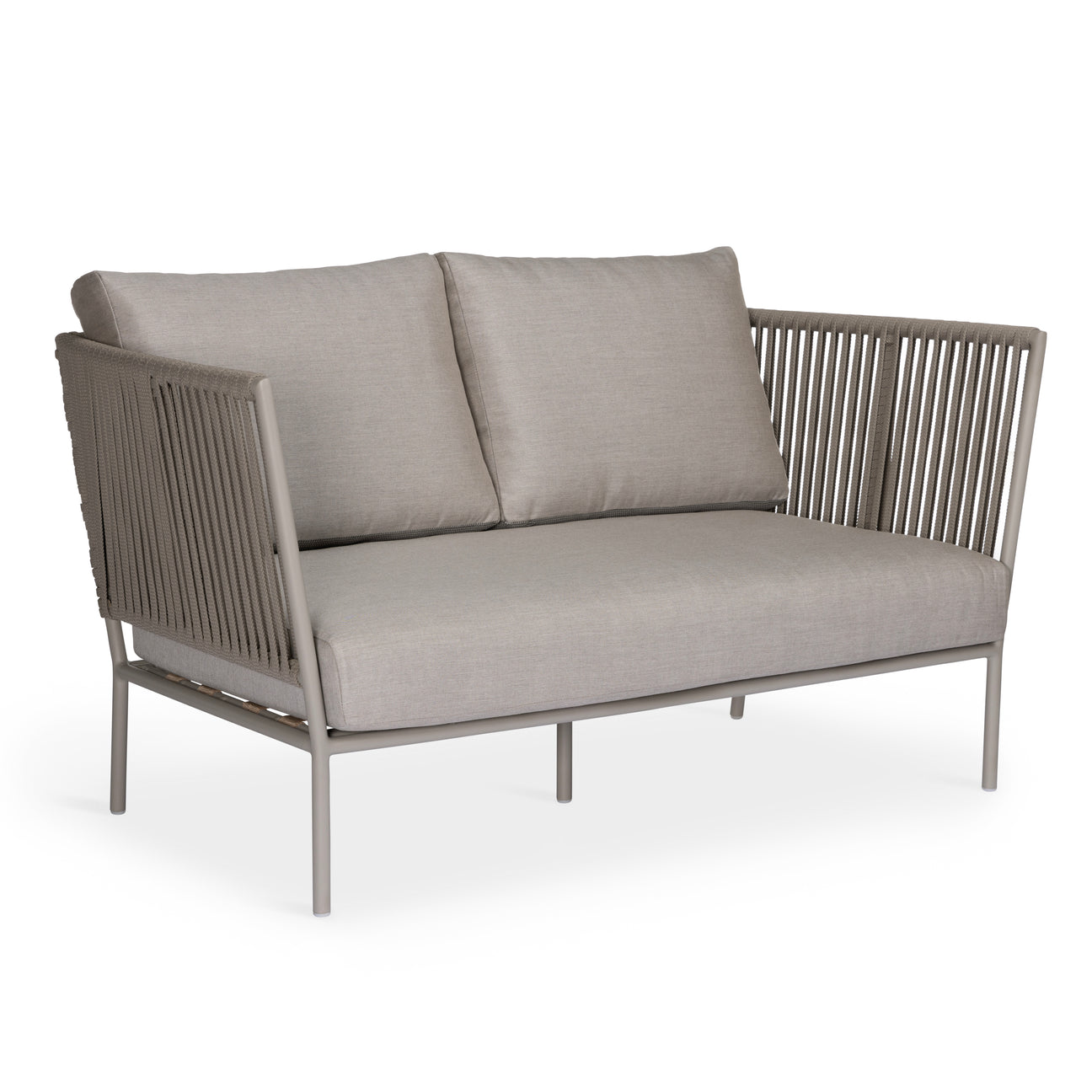 A gray two-seater sofa with cushioned seats rests on slim metal legs. Its arms and back feature vertical rope accents, creating an elegant, minimalist design. Plain white background.