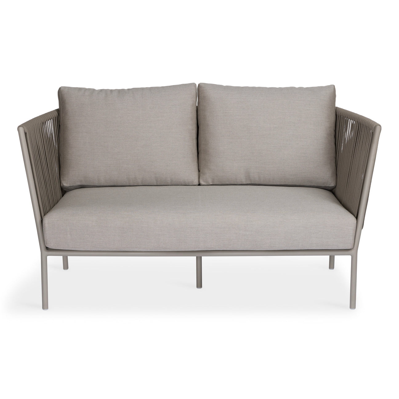 A light gray, modern sofa with plush cushions sits on a minimal metal frame. The sofa has slightly angled armrests and is set against a plain white background.