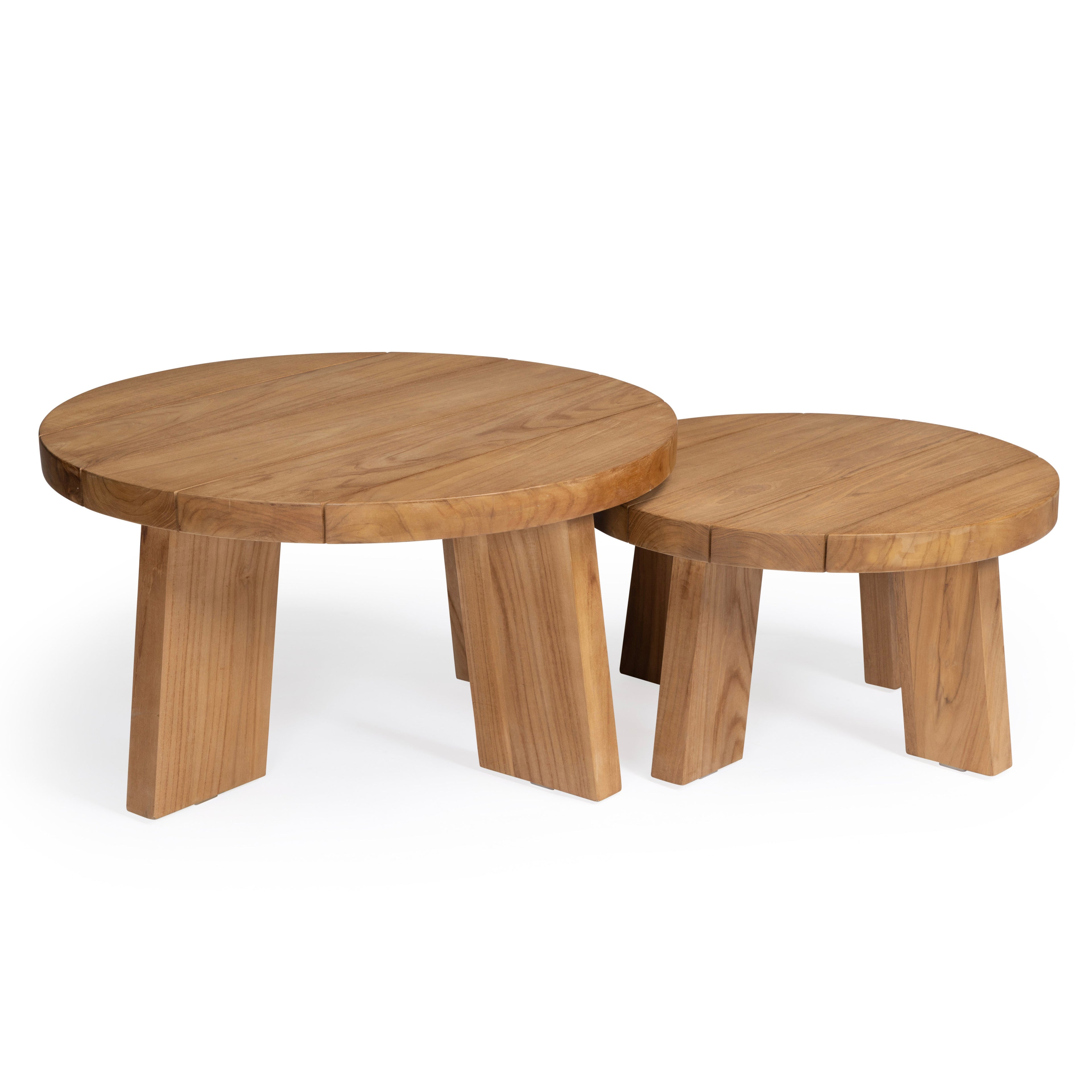 Two wooden coffee tables featuring round tops and angled legs, positioned side by side against a plain white background.