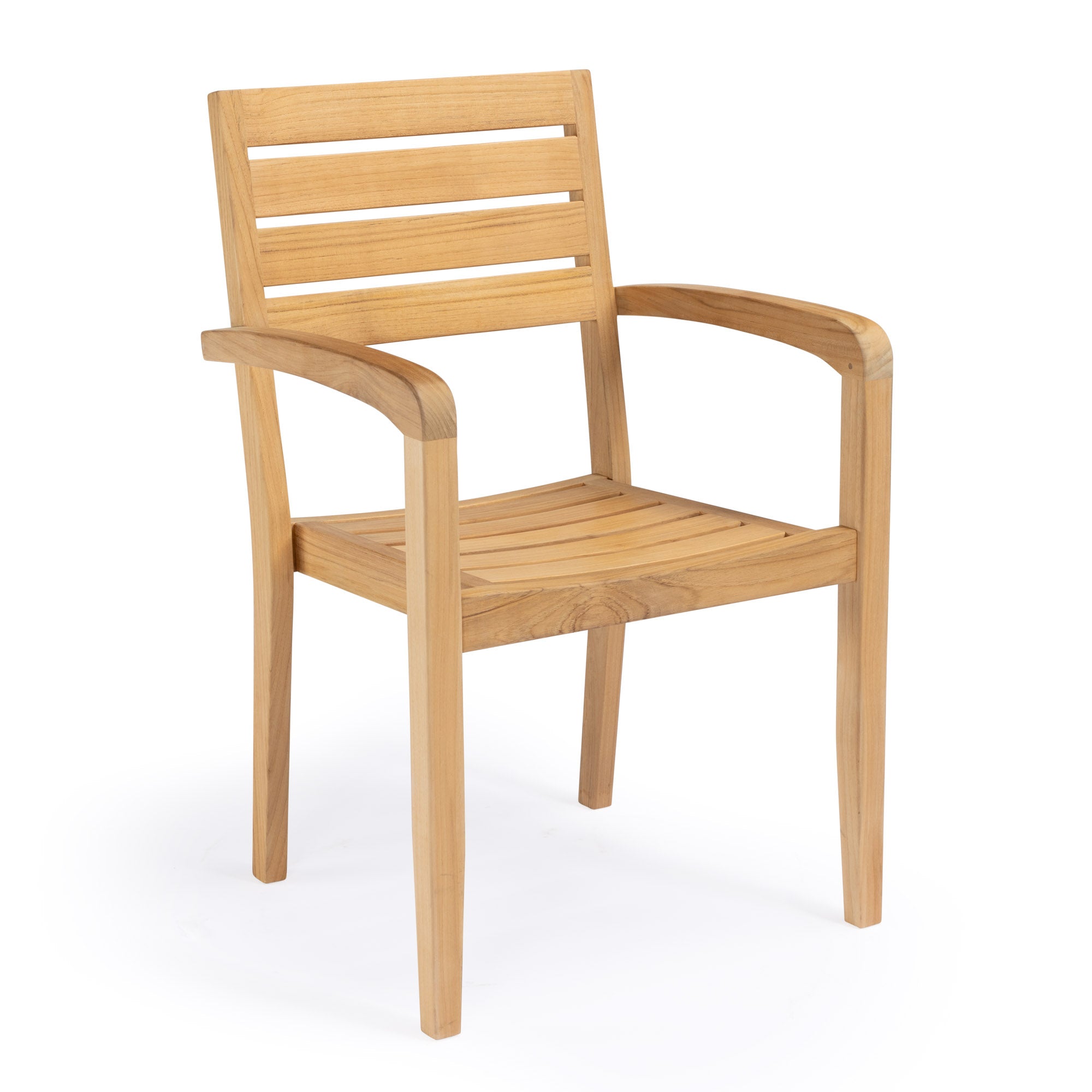 A wooden chair with horizontal slats forms the backrest and seat, featuring armrests, set against a plain white background.