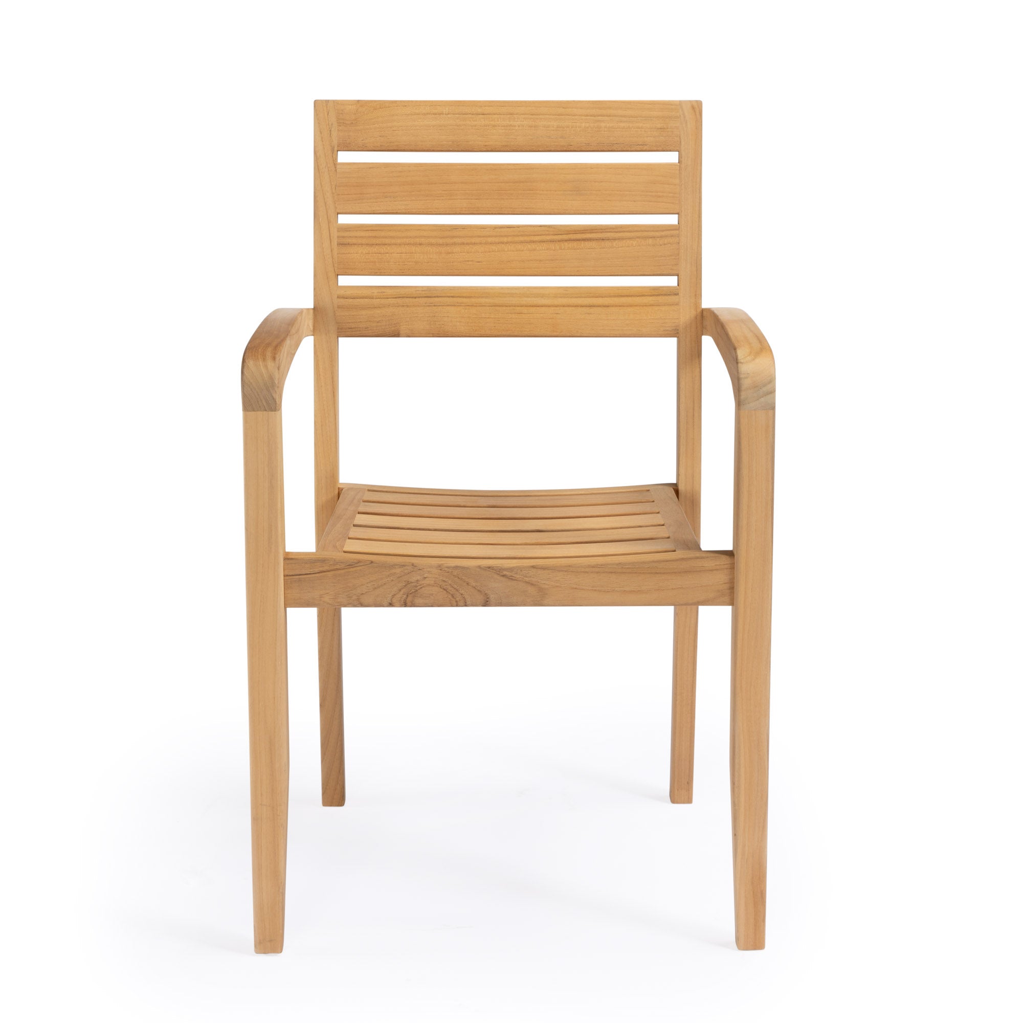 Wooden chair with slatted backrest and seat, placed on a plain white background, featuring curved armrests and straight legs, emphasizing a minimalist design.