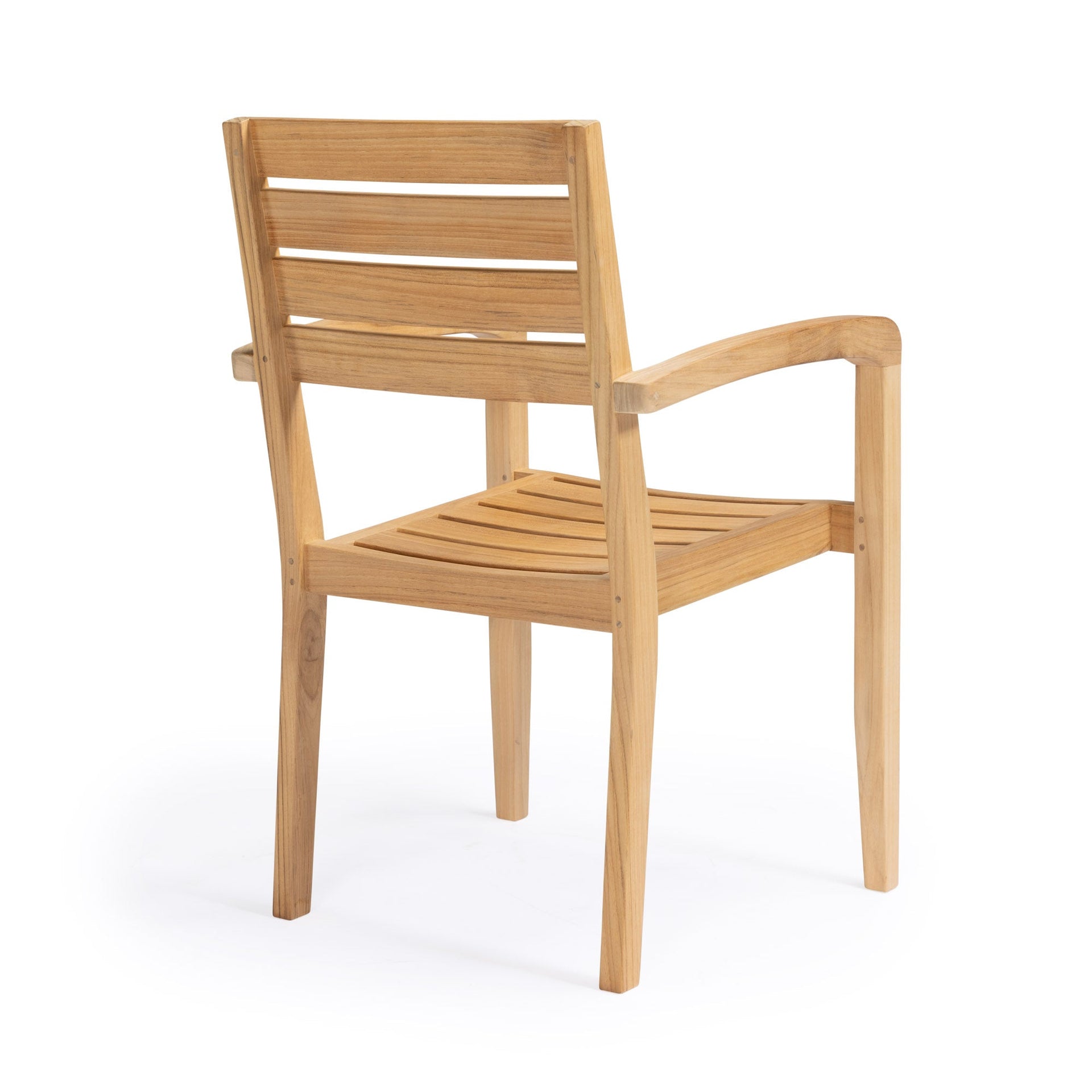 Wooden chair standing still, featuring slatted back and seat, with armrests, set against a plain white background.