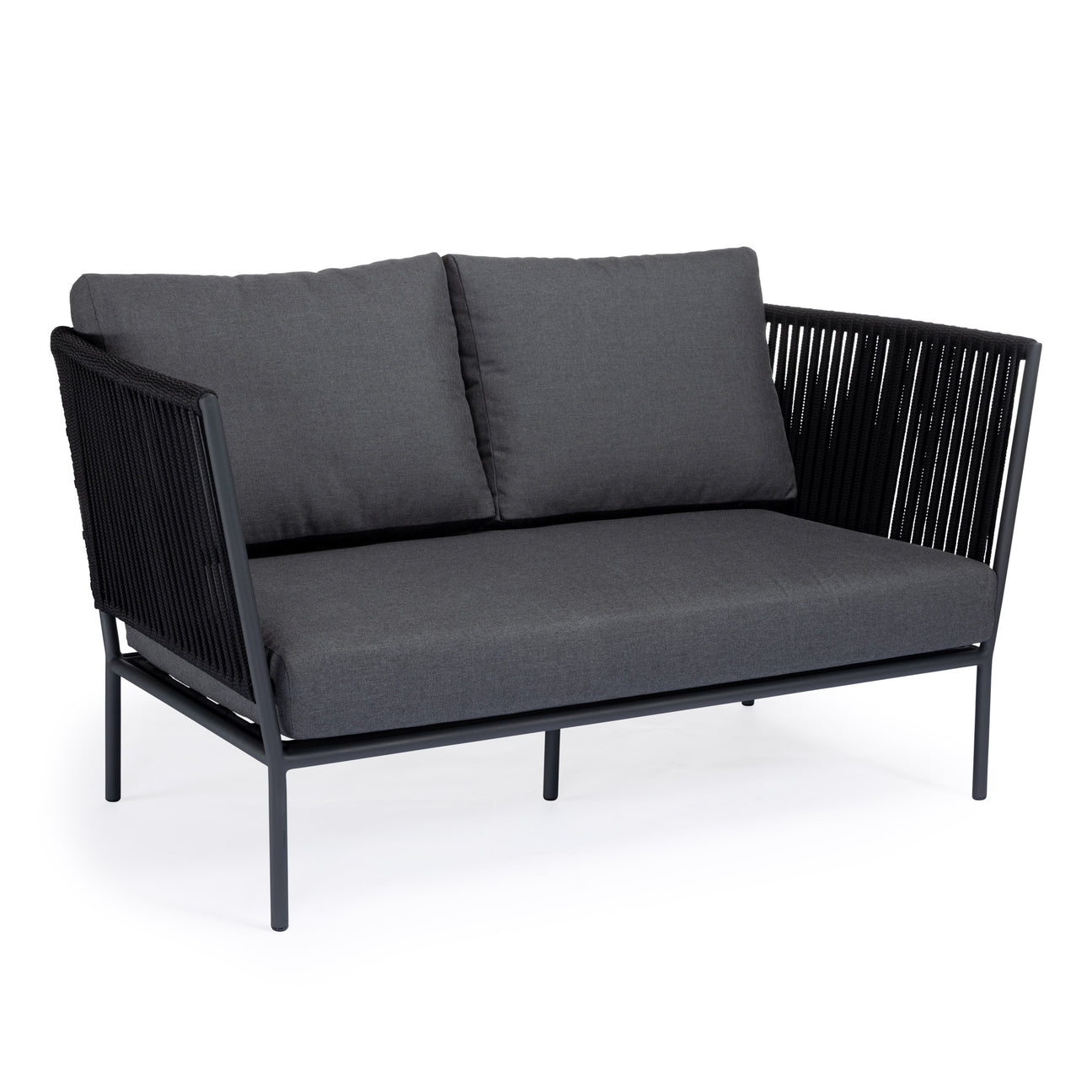 A dark gray cushioned loveseat with black metal frame and woven sides, positioned against a plain white background.