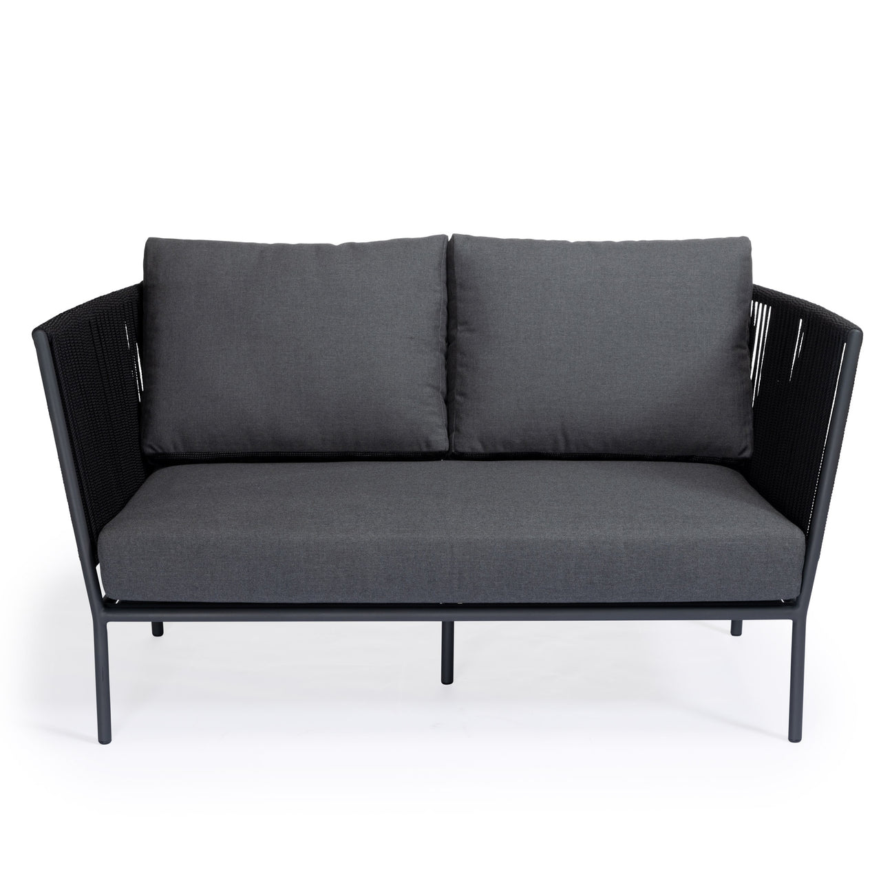 A two-seater sofa with dark gray cushions sits on a black metal frame. It is positioned against a plain white background.