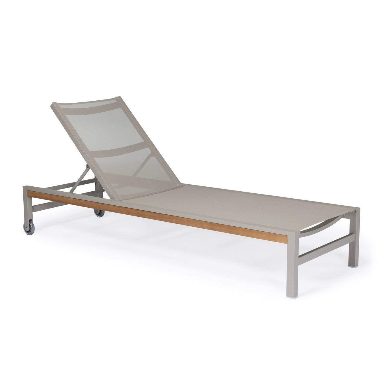 A beige outdoor chaise lounge with an adjustable backrest and wheels is positioned on a flat surface, designed for relaxation in garden or patio settings.