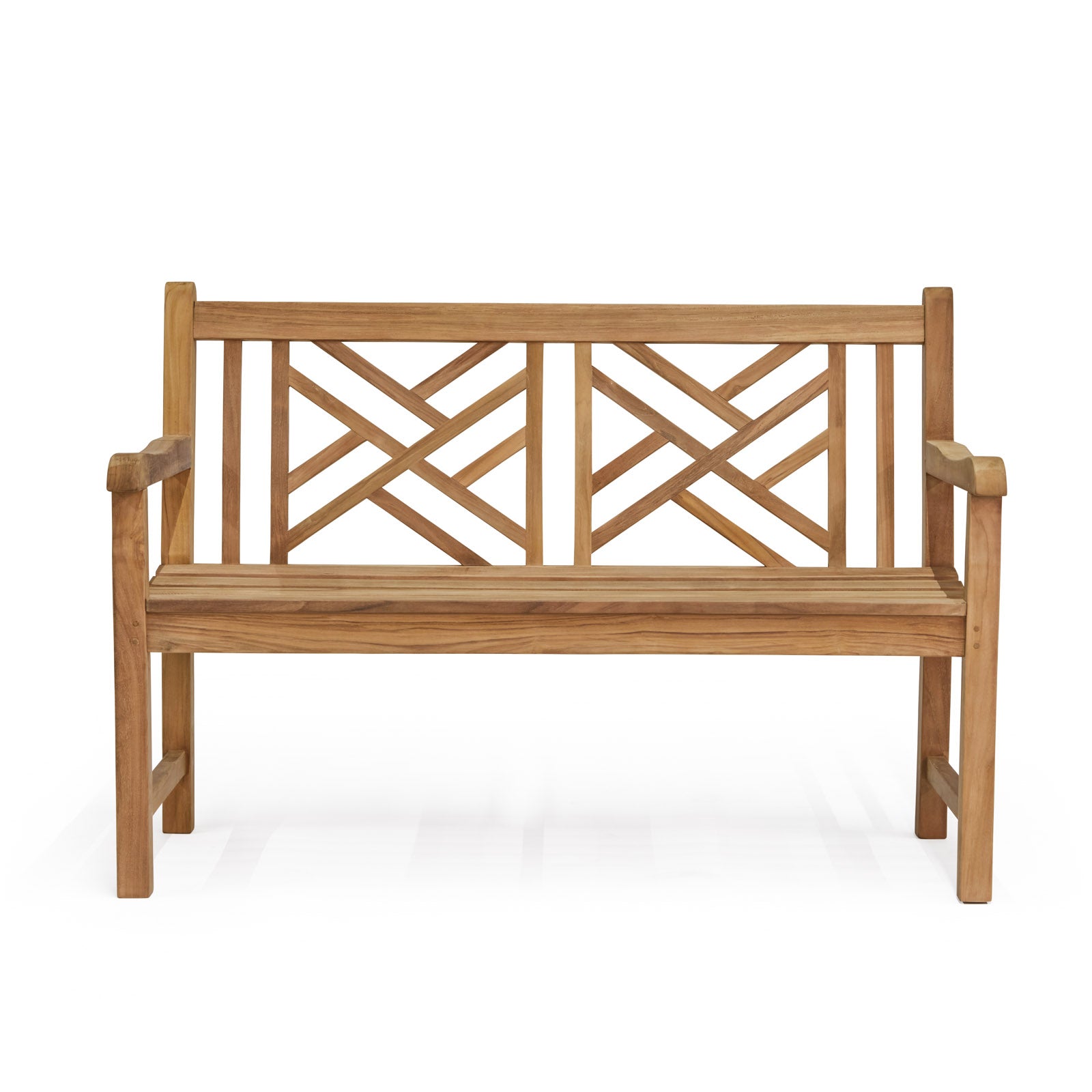 Elizabeth teak 2-seater outdoor bench with patterned backrest