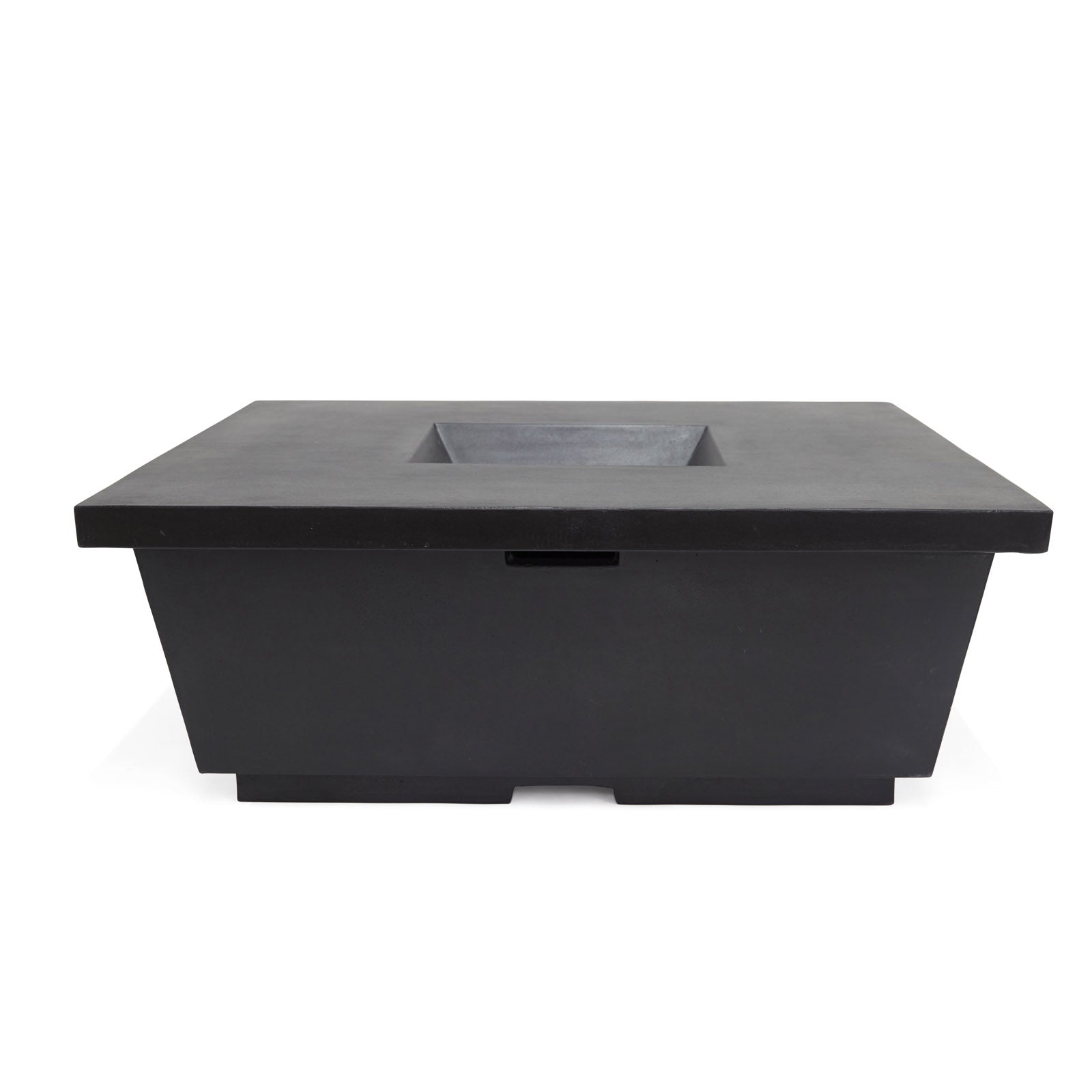 A black, rectangular fire pit table with a recessed center, situated in a plain white backdrop.