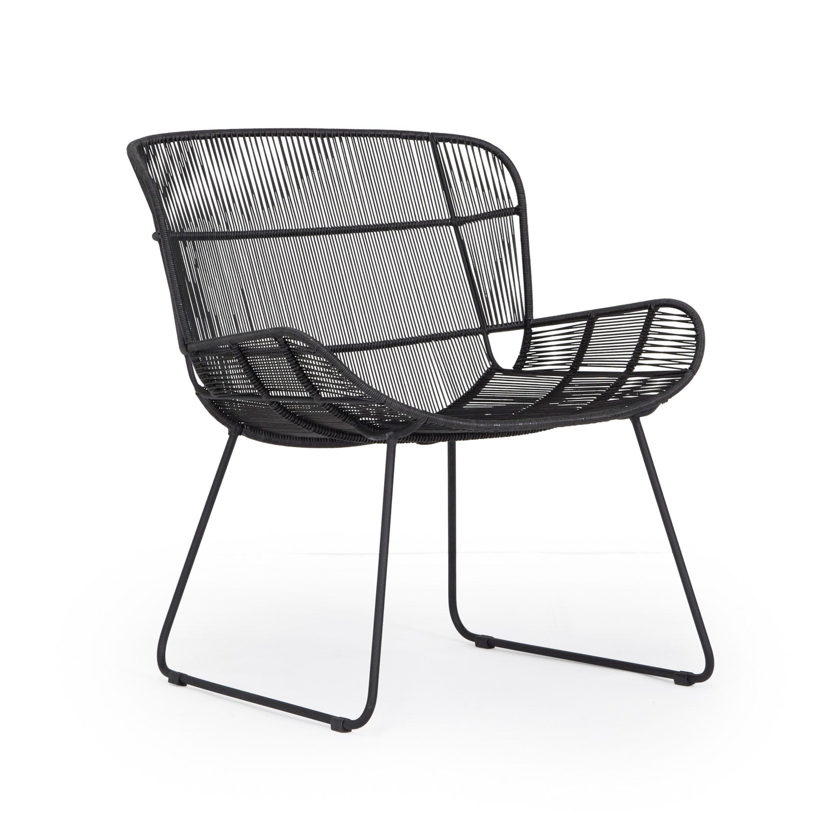 A black wireframe chair with a curved seat and backrest stands on four slim metal legs, positioned against a plain white background.