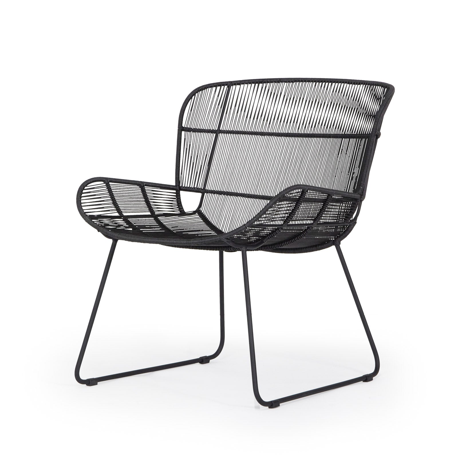 A black, wireframe chair with a slightly reclined backrest and curved armrests, supported by slender legs, set against a plain white background.