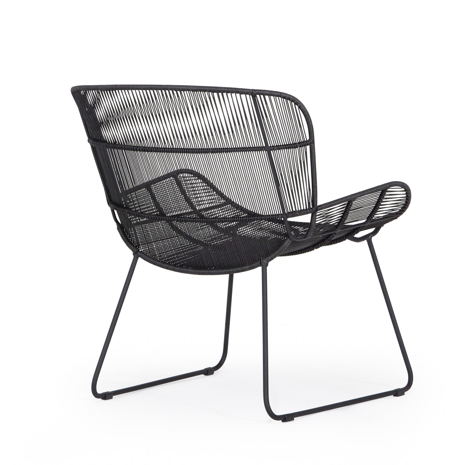 A black metal chair features woven wire design, sitting stationary on a white surface. Its minimalist, open-back structure provides a sleek, modern appearance.