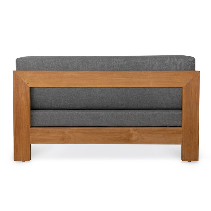 A gray cushioned sofa is framed by a sturdy wooden structure, viewed from the back, set against a plain white background.