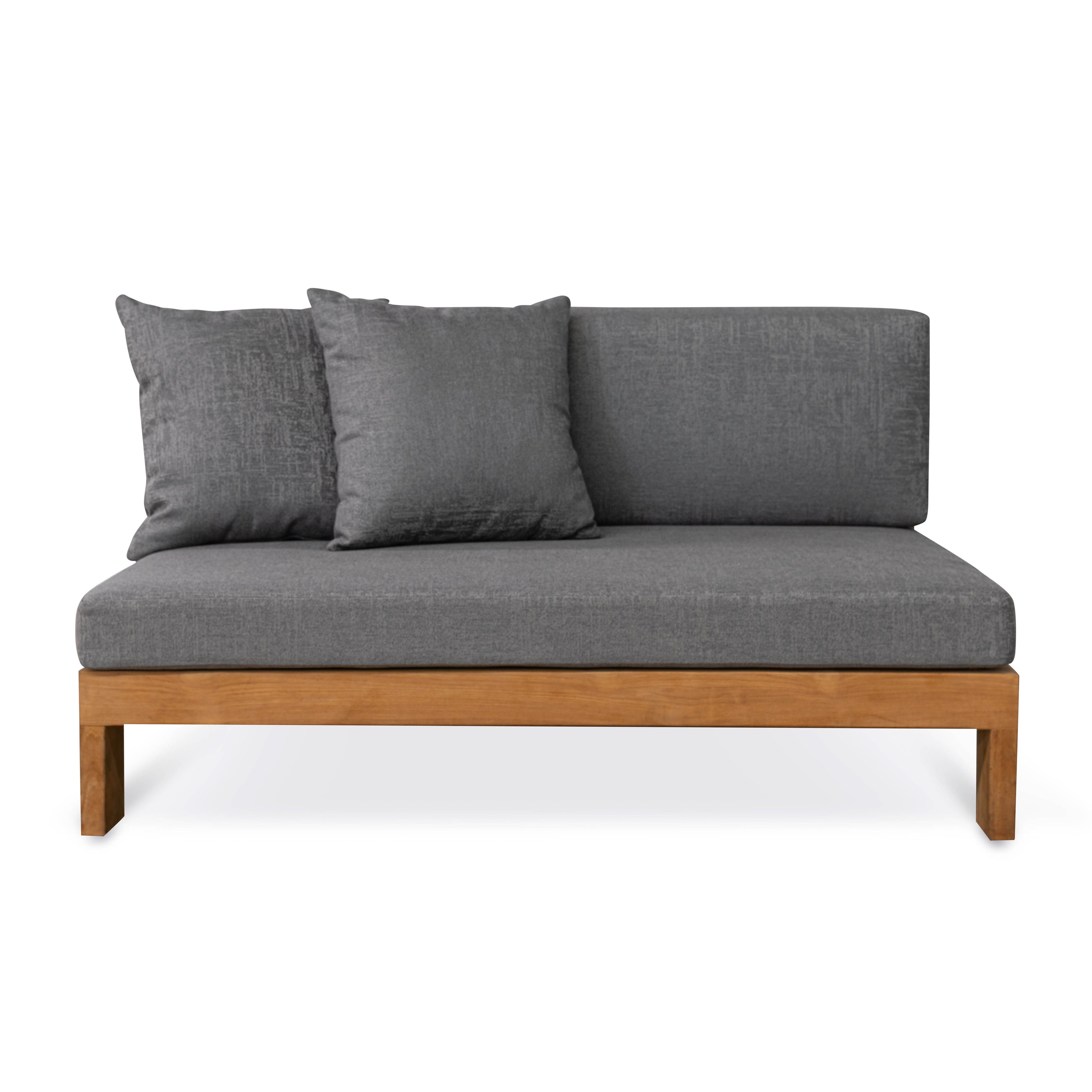 A gray sofa with two cushions rests on a simple wooden frame, positioned against a plain white background.